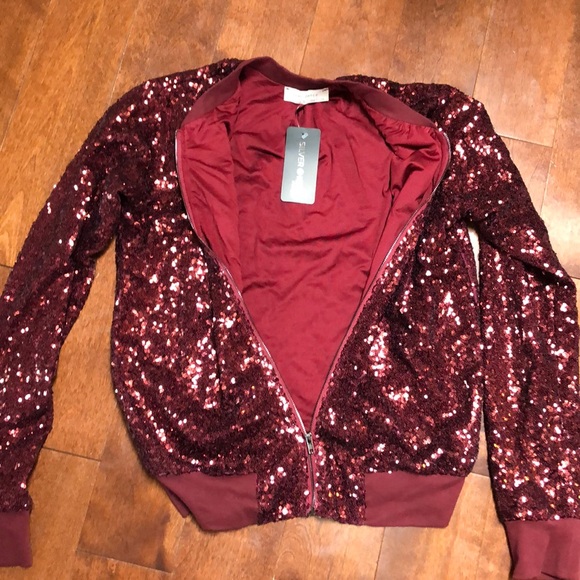 Burgundy Sequinned bomber jacket - Picture 2 of 2